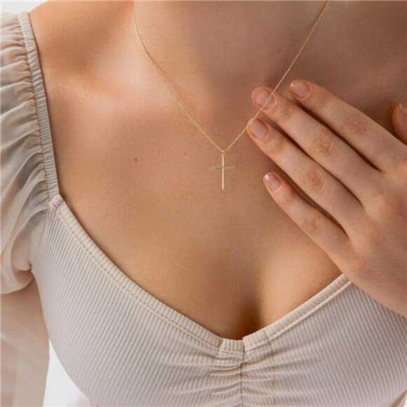 14K Real Gold Cross Necklace Pendant Chain for Women Easter Christian Gifts - Picture 4 of 6